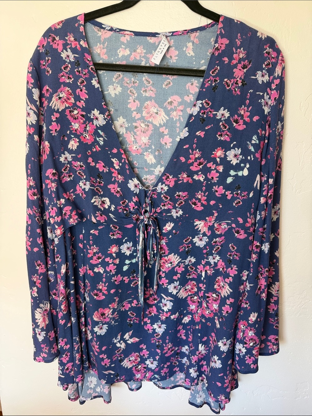 Flynn Skye Navy Floral Tie-Front Low V-Neck Tunic